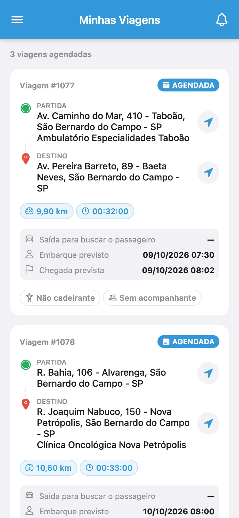Tela Minhas viagens do aplicativo Saúde Acessível, com as viagens agendadas do paciente